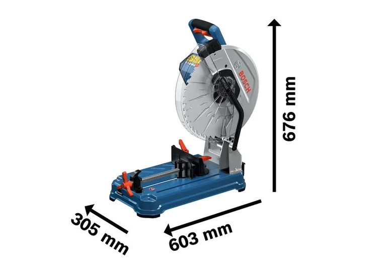 Bosch GCD 18V-355 metaalafkortzaag met de afgebeelde afmetingen.