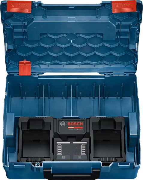 Bosch dubbele 18V acculader in blauwe opbergkoffer.