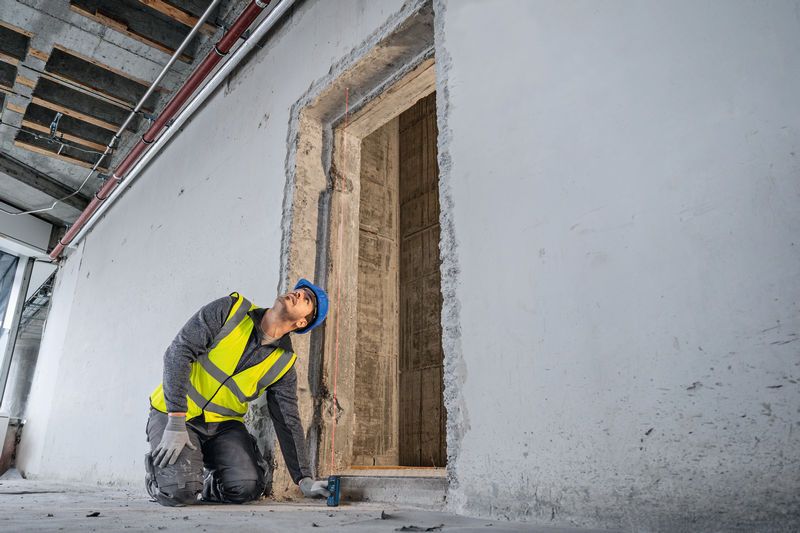 Een persoon die veiligheidsuitrusting draagt, meet een deuropening met een laserafstandsmeter.