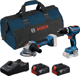 Bosch GSB 18V-65 en GWS 18V-8 gereedschapsset met accu's.