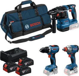 Bosch 18V 3-gereedschapsset met boormachine, slagschroevendraaier en boorhamer.
