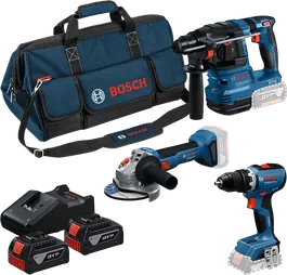 Bosch 18V 3-gereedschapsset met tas, oplader en accu's.