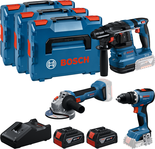 Bosch 18V 3-gereedschapsset met boormachine, slijper en hamer.