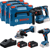 Bosch 18V 3-gereedschapsset met boormachine, slijper en hamer.