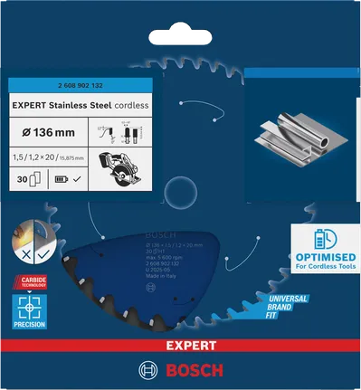 Bosch EXPERT accu-cirkelzaagblad van roestvrij staal 136×1,5/1,2×20 mm T30.
