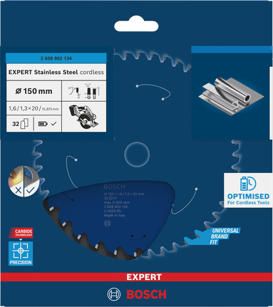 Bosch 150 mm EXPERT accu-cirkelzaagblad van roestvrij staal.