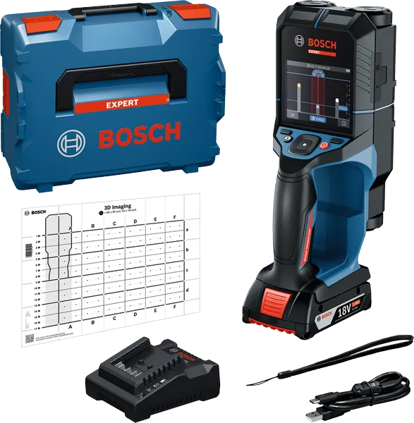 Bosch D-tect 18V-200 wandscanner met koffer en oplader.