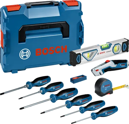 Bosch schroevendraaiers en handgereedschapset met draagtas.