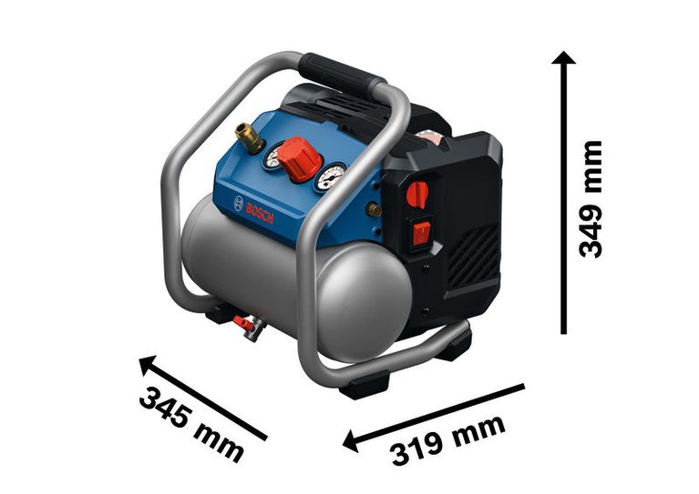 Bosch GKO18V-51 draadloze luchtcompressor met afmetingen.