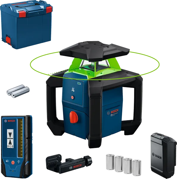 Bosch GRL18V-3-31G laserwaterpas met accessoires.