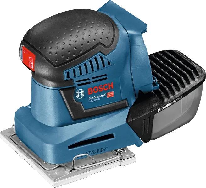 Bosch GSS 18V-10 accuschuurmachine met microfilter.