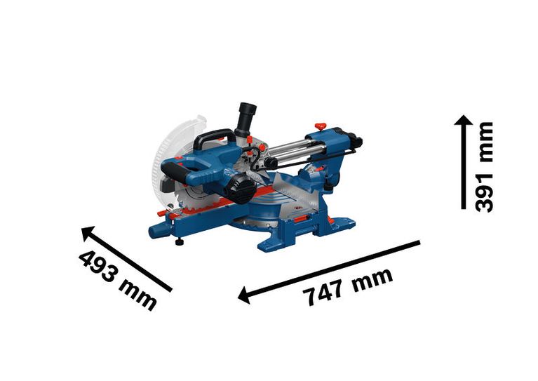 Bosch GCM305-216S verstekzaag met afmetingen.