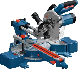 Bosch GCM305-216S verstekzaag met schuifgeleiding en open voetstuk.