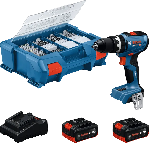 Bosch GSB 18V-65 accuboormachine set met accessoires.
