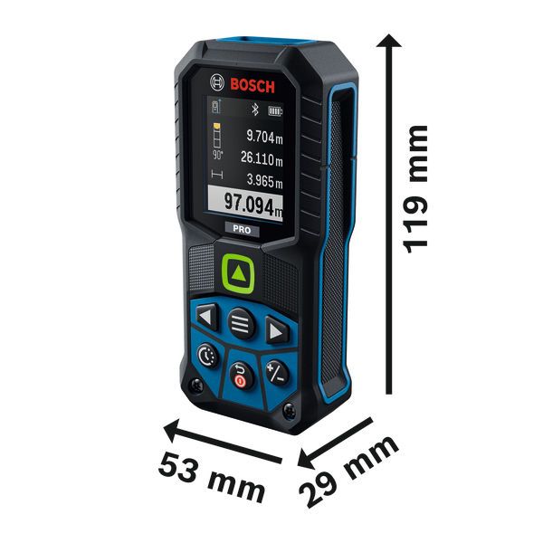 Bosch GLM100-36CG lasermeetinstrument met de aangegeven afmetingen.