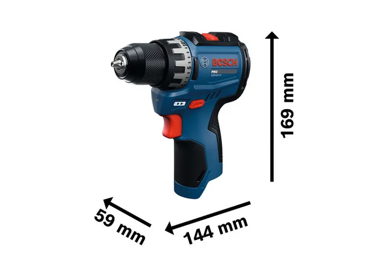 Bosch GSR12V-31 accuboormachine met de getoonde afmetingen.