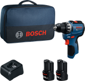 Bosch GSR12V-30 boormachineset met koffer, lader en accu's.