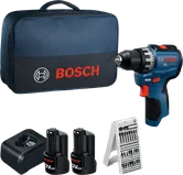 Bosch GSR12V-31 boormachineset met lader, accu's en boren.