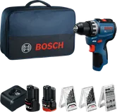 Bosch GSR12V-31 accuboormachineset met oplader en accessoires.