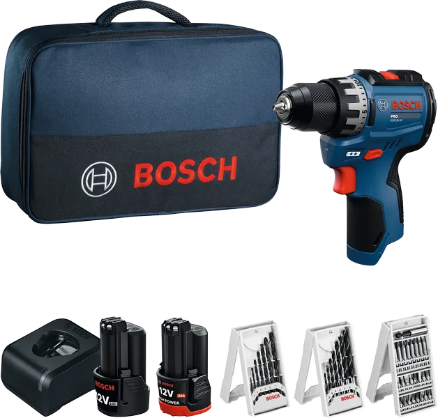 Bosch GSR12V-31 accuboormachineset met oplader en accessoires.