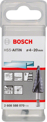 Стъпаловидно свредло Bosch HSS-AlTiN 4-20 мм за неръждаема стомана.