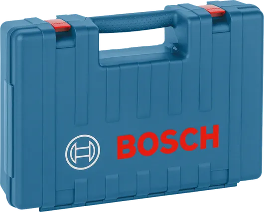 Пластмасов куфар за инструменти Bosch с дръжка и червени закопчалки.