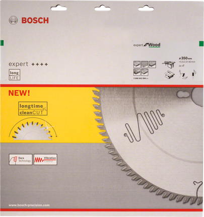 Диск за циркуляр Bosch Expert for Wood 350 мм, осигуряващ дълготраен чист разрез.