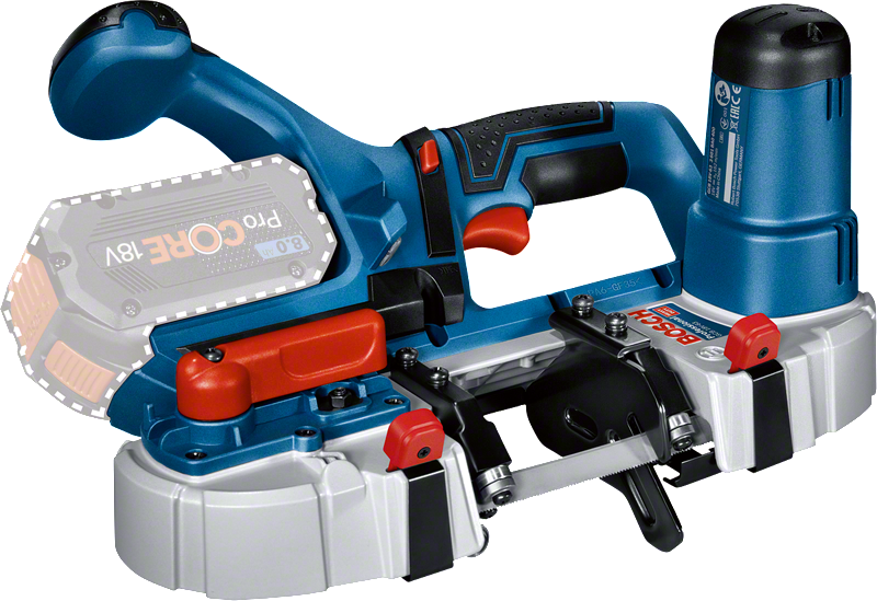 Акумулаторен лентов трион Bosch GCB 18V-63, дълбочина на рязане 63,5 мм.