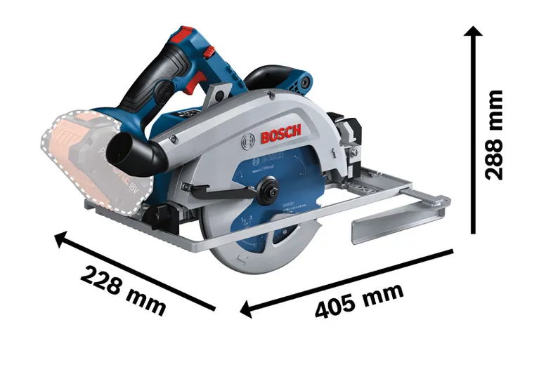 Акумулаторен циркуляр Bosch GKS 18V-68 GC с размери.