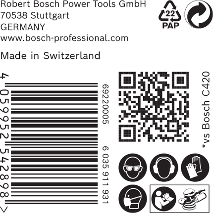 Етикет на Bosch C420 с баркод и икони за безопасност.