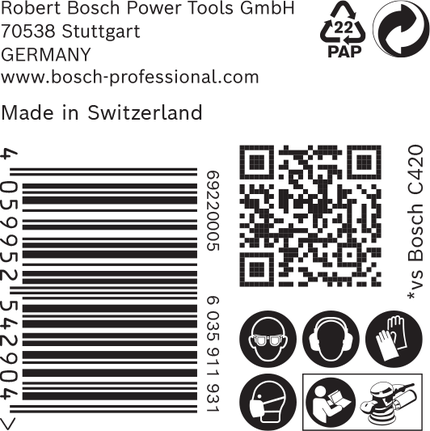Етикет за аксесоари Bosch C420 с баркод и икони за безопасност.