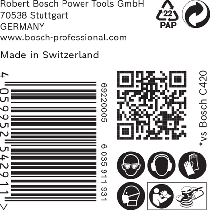 Етикет за Bosch C420 с баркод, QR код и икони за безопасност.