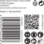 Етикет за шкурка Bosch C420 с икони за безопасност и баркод.