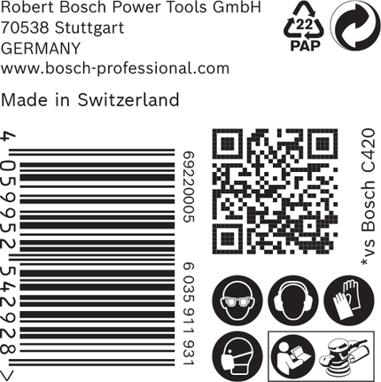 Етикет за шкурка Bosch C420 с икони за безопасност и баркод.