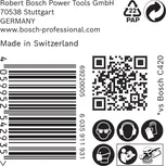Етикет за безопасност и продукт Bosch C420 с баркод.