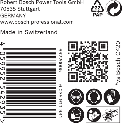 Етикет за безопасност и продукт Bosch C420 с баркод.