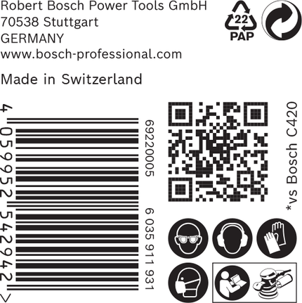 Етикет за шкурка Bosch EXPERT C470 с икони за безопасност.