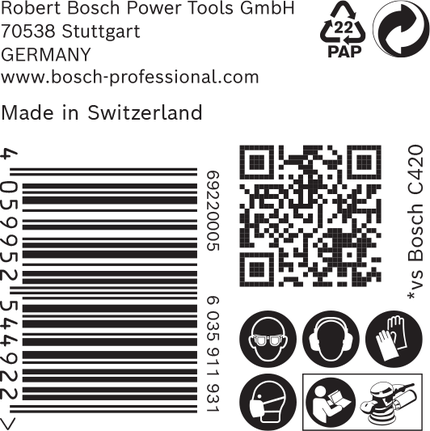 Етикет за шкурка Bosch C470 с икони за безопасност.