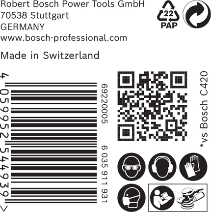 Етикет за безопасност и баркод за шкурка Bosch C420.