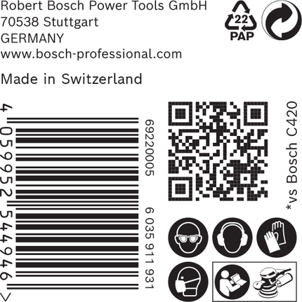 Етикет за безопасност и продукт за шкурка Bosch EXPERT C470.