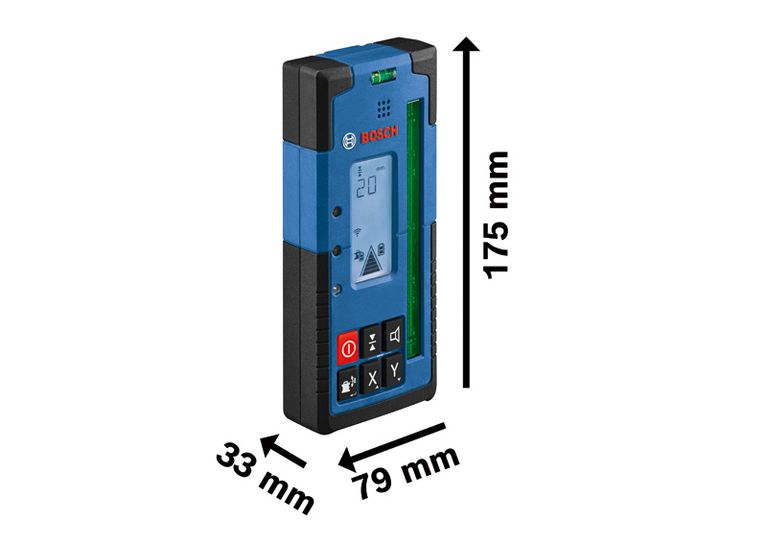Лазерен приемник Bosch LR 65 G със защита IP67 и показани размери.