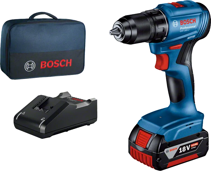 Акумулаторна бормашина Bosch GSR 185-LI със зарядно устройство и куфар.