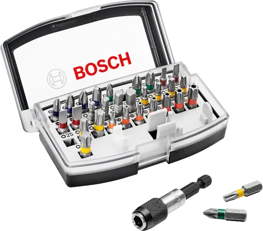 Комплект от 32 битове за отвертка Bosch с държач за бърза смяна.