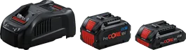 Стартов комплект Bosch ProCORE18V със зарядно устройство и две батерии.