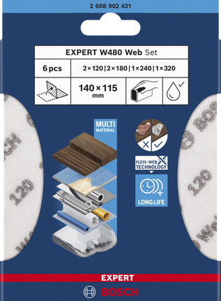 Комплект ръчни шлайфмашини Bosch EXPERT W480, 6 зърнености.