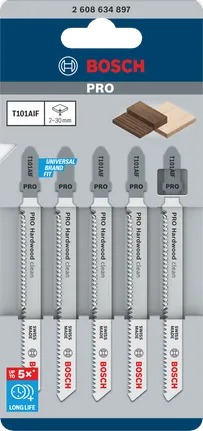 Ножове за прободен трион Bosch PRO Hardwood clean T101AIF, комплект от 5 броя.