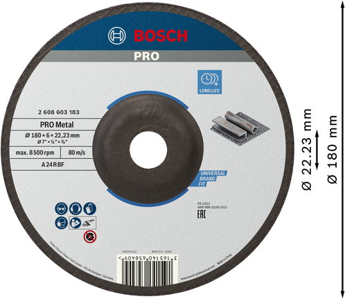 Шлифовъчен диск Bosch PRO Metal Bonded 180 x 6 x 22,23 мм.