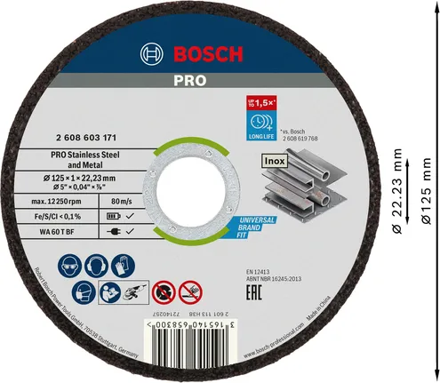 Режещ диск от неръждаема стомана Bosch PRO 125 x 1 x 22,23 мм.