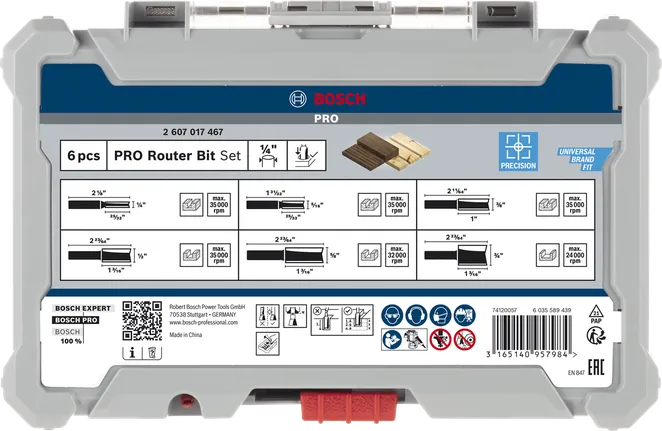 Комплект прави фрези Bosch PRO с опашка 1/4″, 6 броя.