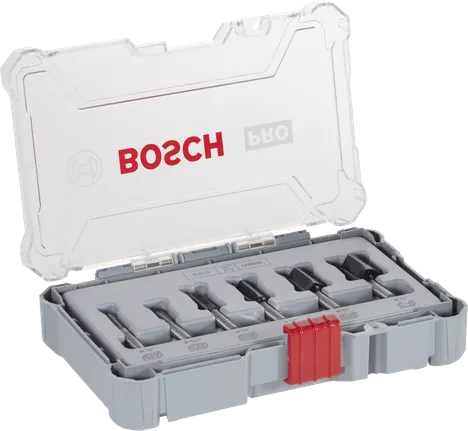 Комплект прави фрези Bosch PRO, 6 броя, в куфар за съхранение.